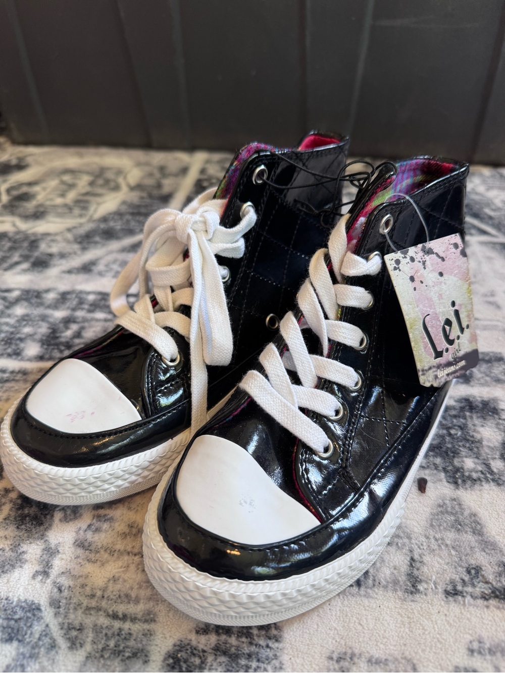 Lei Black Patent High-Top Kids Sneakers with White Accents